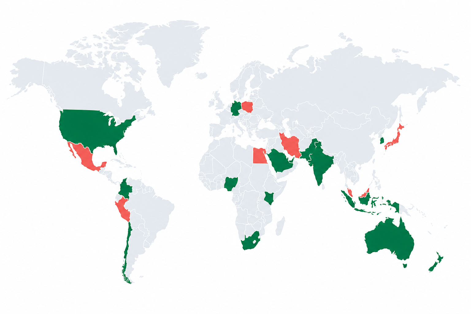 Illustrative world map showing allowed and blocked regions